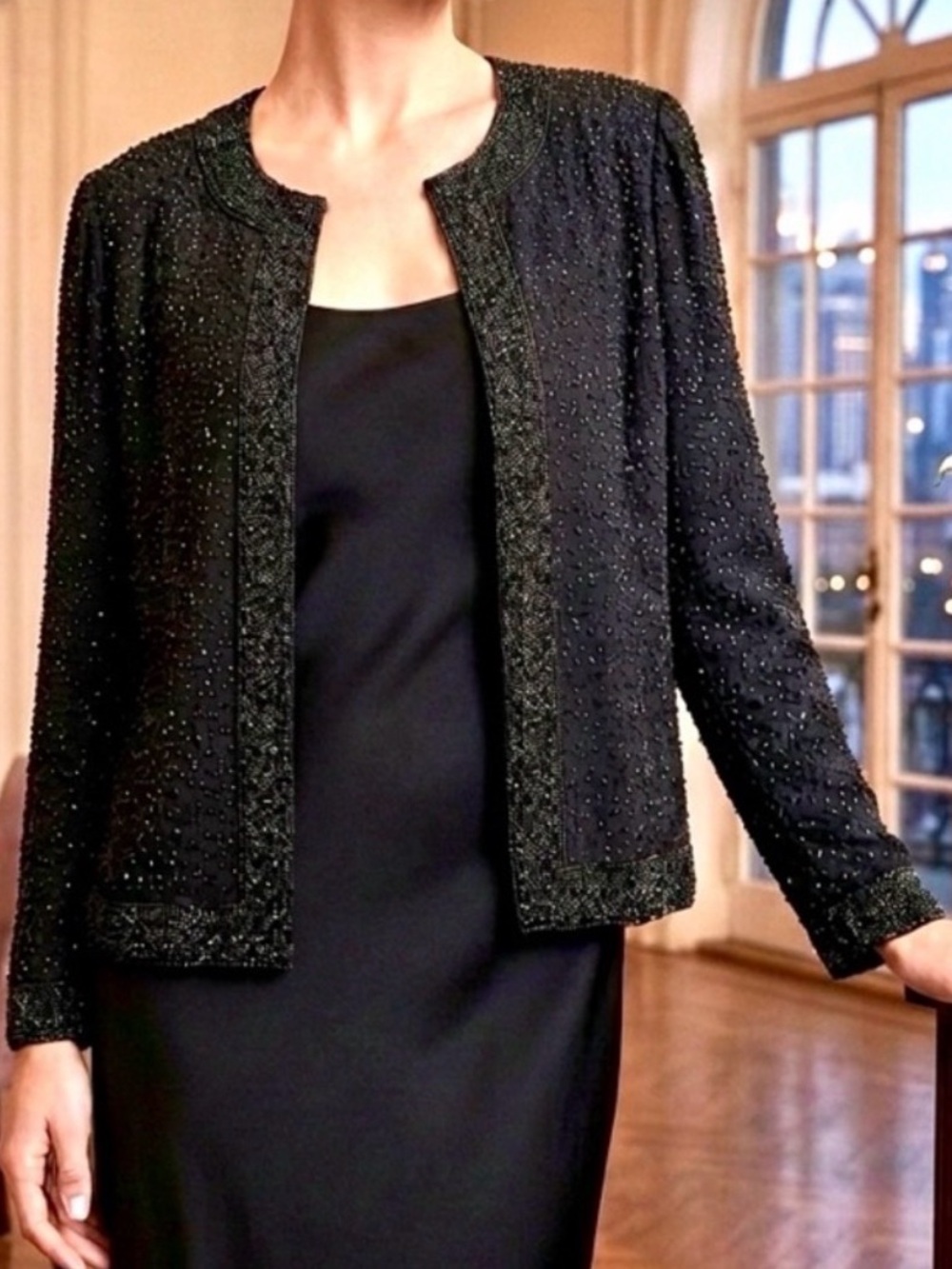 Vintage Dress Barn Fully Beaded Black Formal Evening Jacket Overlay Glam medium